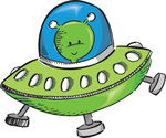 Cute Green Alien Flying a UFO Clipart Illustration