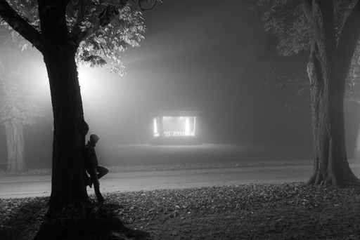 Man leaning agianst a tree in a foggy park at night.