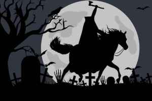 Illustration of a headless horseman with moon in background
